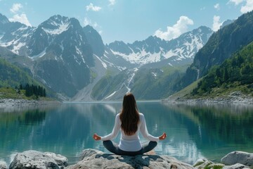 A woman sitting on a rock by a peaceful body of water. Perfect for nature and relaxation concepts
