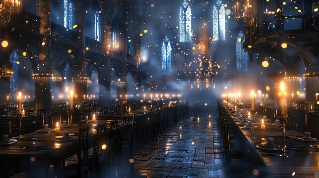 a magical wizard's school with starry sky, big hall full of tables and chairs, floating lights and candles, realistic, cinematic, bokeh effect