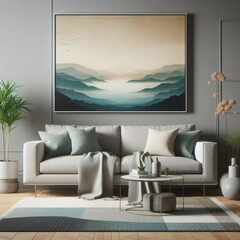 A living room with a template mockup poster empty white and with a large painting on the wall art art realistic harmony.