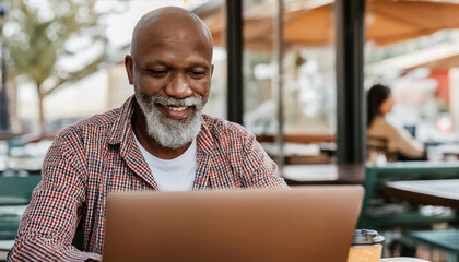 A senior man sits at a table in a cafe working on a laptop.