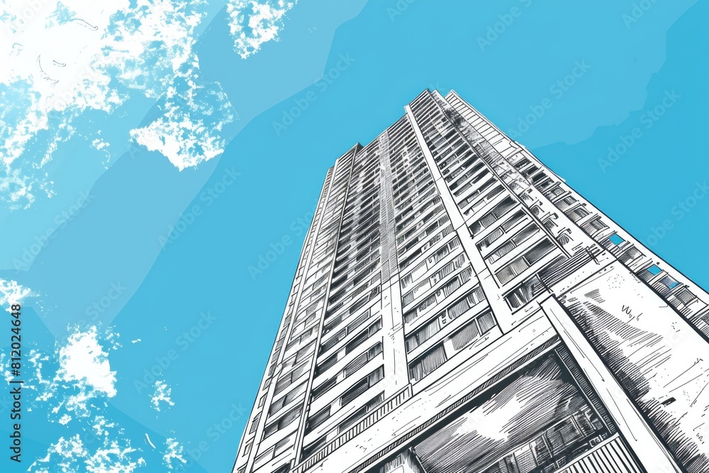 Poster a drawing of a tall building with a sky background. suitable for architectural designs