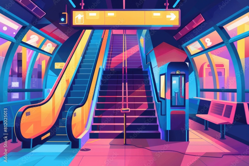 Poster modern escalator and stairs in a subway station. ideal for transportation and urban infrastructure c