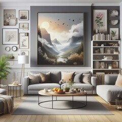 A living room with a template mockup poster empty white and with a painting on the wall image art attractive lively.