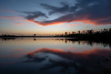 Colorful sunset twilight cloudscape reflected in Pine Glades Lake in Everglades National Park, Florida..