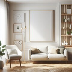 A living room with a template mockup poster empty white and with a white couch and a white chair art realistic harmony lively.