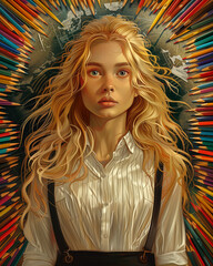Art of a woman with blonde hair, surrounded by colored pencils