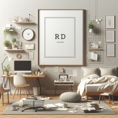A Room with a template mockup poster empty white and with a bed and desks and a picture frame art attractive harmony used for printing.