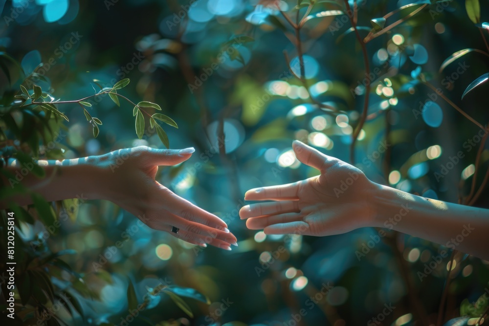 Poster Two hands reaching out to touch each other. Suitable for concepts of connection and unity