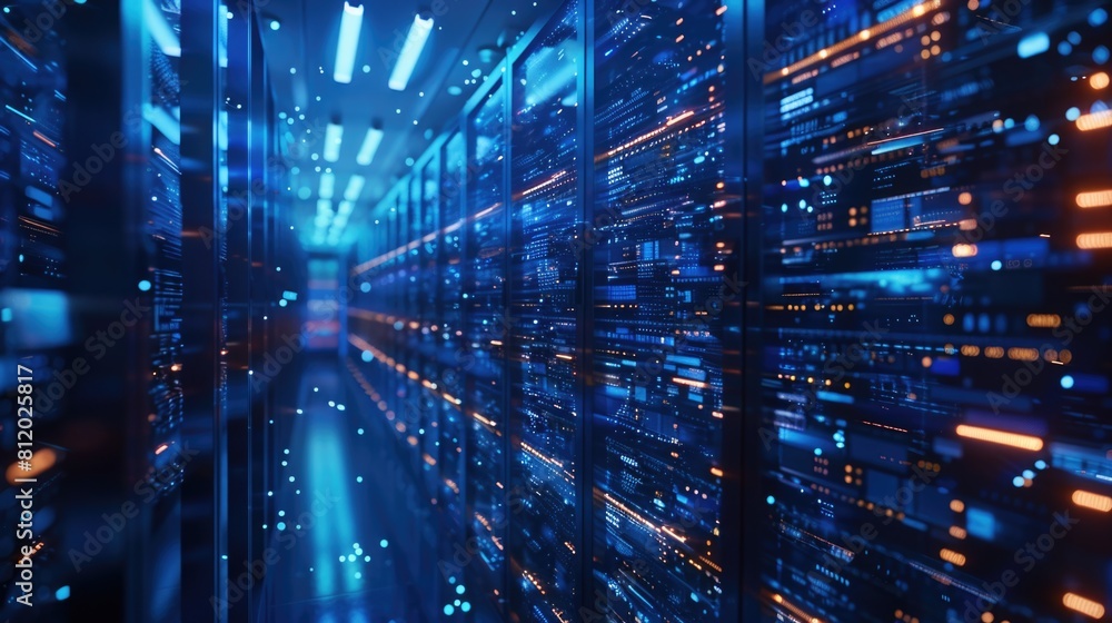 Poster a large room filled with rows of blue lights. great for technology or futuristic concepts
