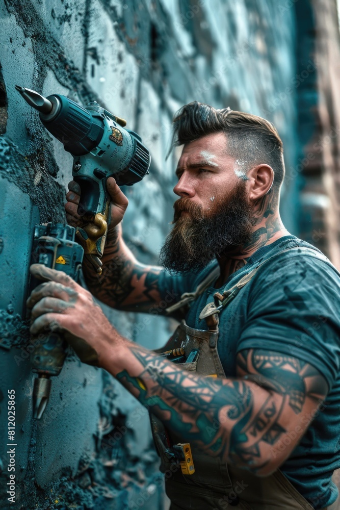 Poster A man with a beard using a drill to fix a wall. Suitable for construction and DIY projects