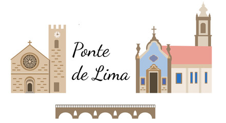 Set of symbols and sights of the Portuguese city Ponte de lima. Flat-style illustration for souvenirs and tourist products. Northern cities of Portugal.