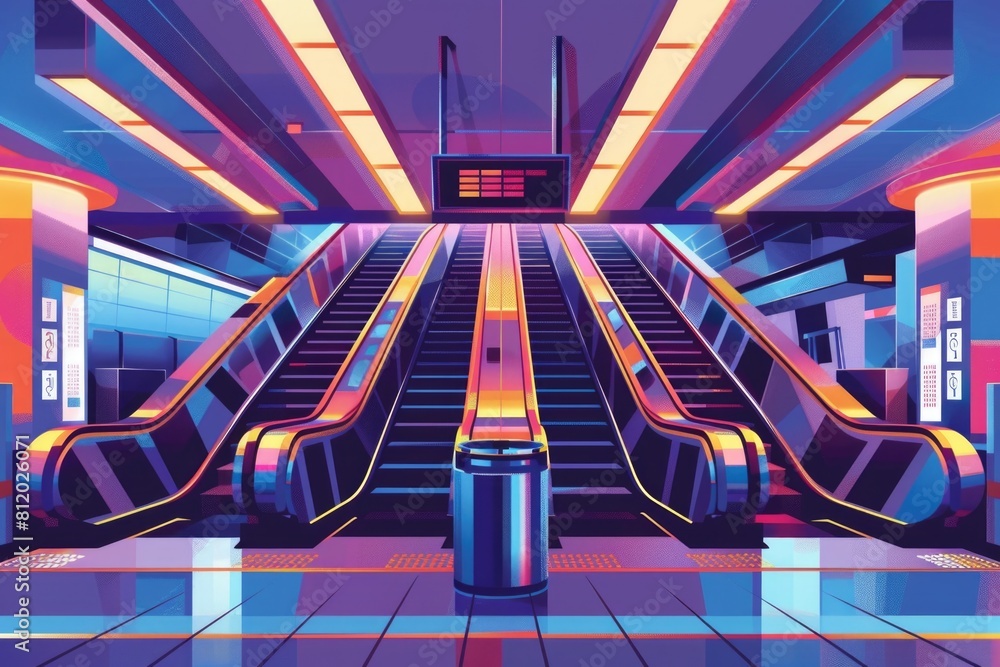 Poster Modern escalator in a subway station with neon lights. Suitable for transportation concepts
