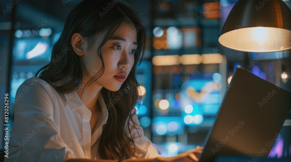 Poster a woman sitting in front of a laptop computer. suitable for business or technology concepts