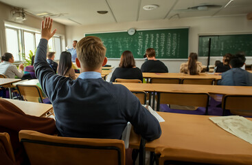 Student raises hand in classroom. View from behind.