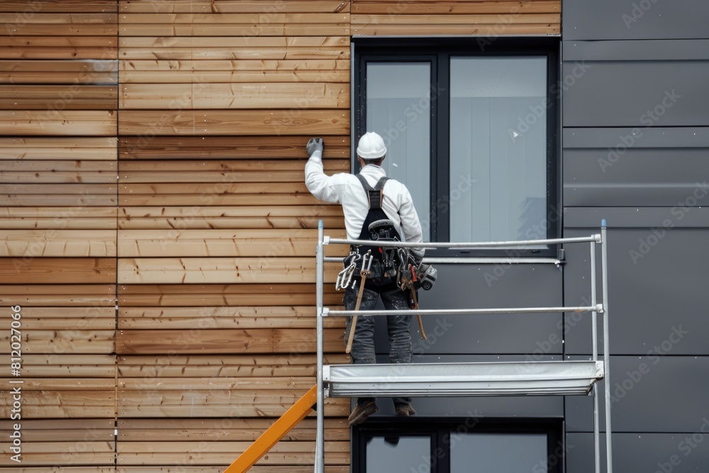 Poster construction worker painting building on scaffold. suitable for construction and renovation projects