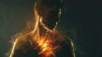 A man with a glowing torso and chest. Suitable for technology and futuristic concepts