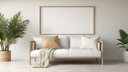 Blank Mock up frame on wall in living room with sofa or plant 