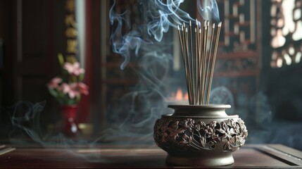 Incense sticks standing upright in a decorative holder