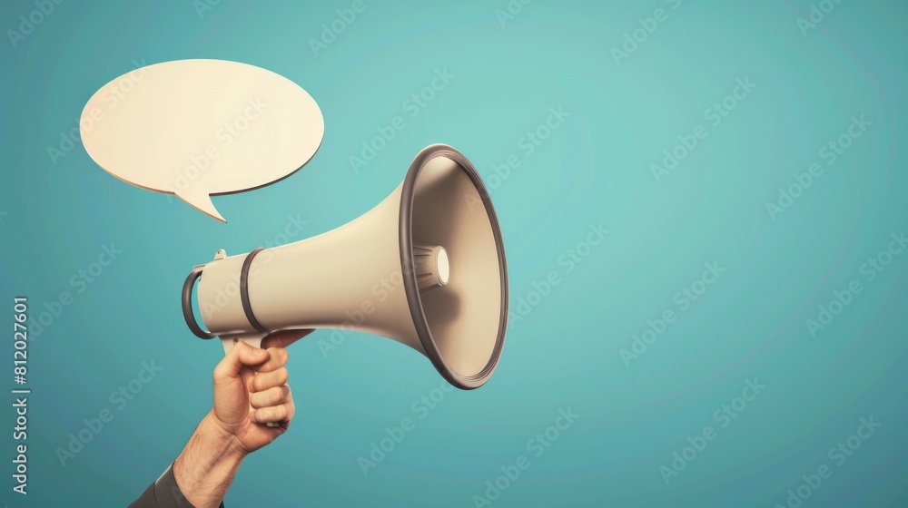 Poster Image of a hand holding a megaphone with a speech bubble above it. Suitable for advertising and communication concepts