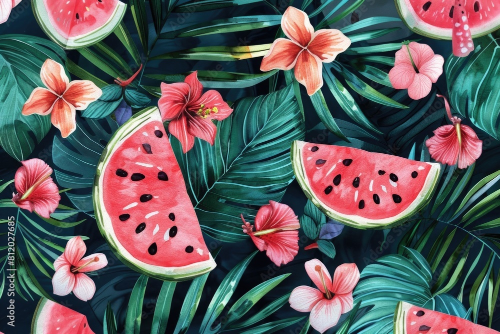 Poster a vibrant pattern featuring watermelon slices and colorful flowers. perfect for summer-themed design