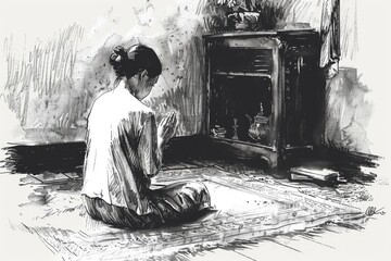 A woman sitting on the floor in front of a fireplace. Suitable for home decor and lifestyle concepts
