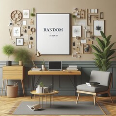 A Room with a template mockup poster empty white and with a desk and chair and a picture frame art realistic has illustrative meaning.