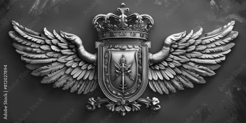 Poster elegant black and white photo of a crown with wings, suitable for various design projects