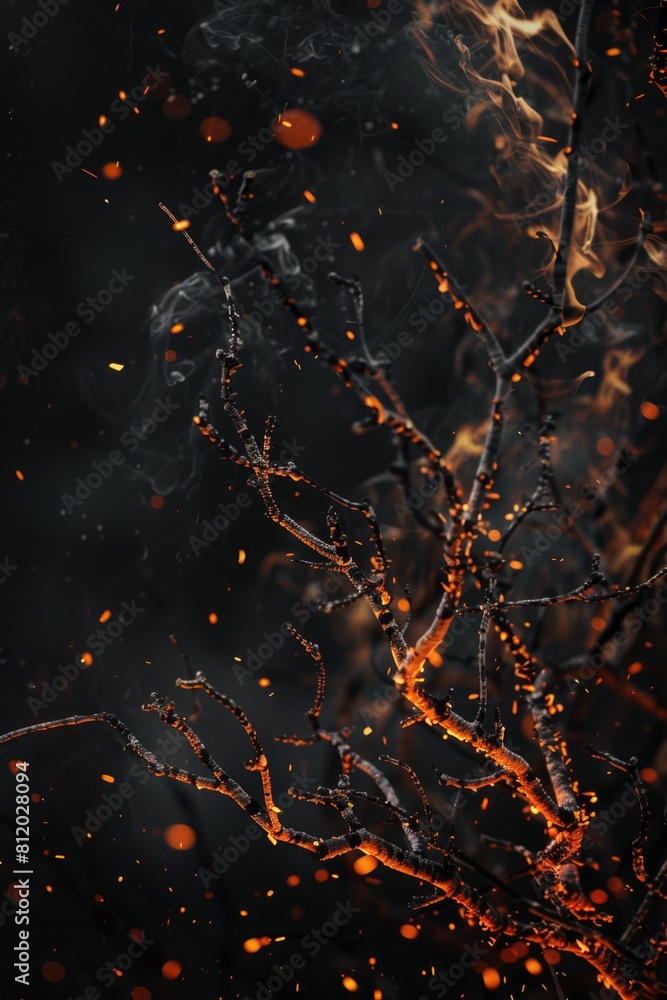 Poster a bunch of burning branches in the dark, suitable for various concepts and designs