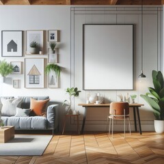 A Room with a template mockup poster empty white and with a couch and a desk and a picture frame realistic photo photo lively.