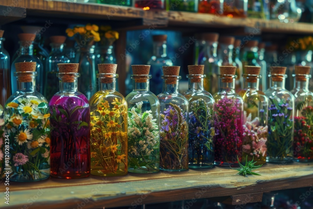 Poster row of bottles filled with various flowers, great for home decor or event design