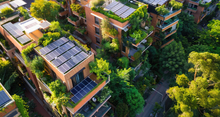 A sustainable neighborhood with green roofs, solar panels on the rooftops and lush trees in front...