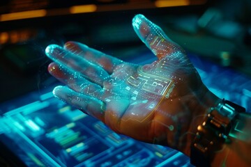 A close-up of a human hand interacting with a holographic interface, emphasizing the human element in cybersecurity, photorealistic