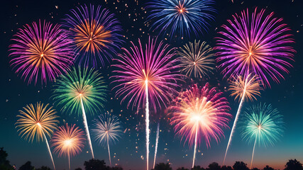 Colorful fireworks of various colors over night sky.