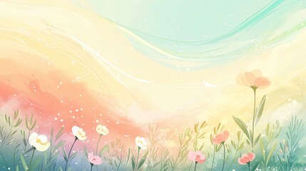 Malowidło przedstawiające kwiaty i trawę na tle nieba, w delikatnej grze wiatru, przenoszącej zapach kwiatów - obrazy, fototapety, plakaty