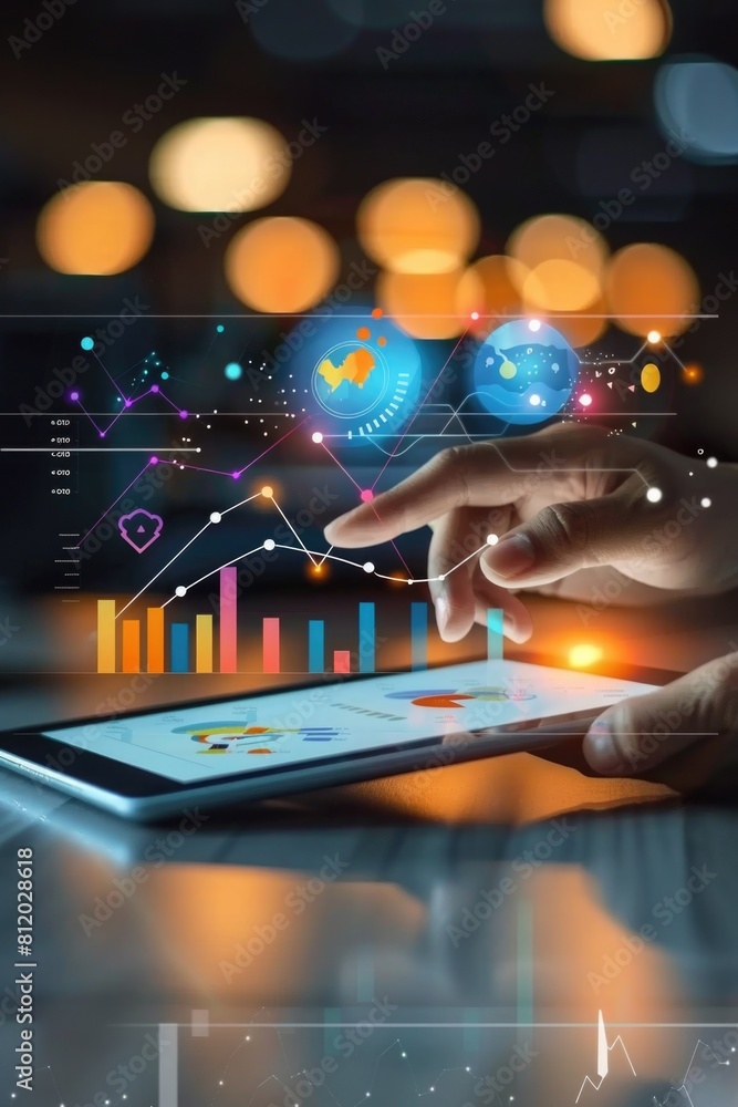 Poster person using a tablet with graphs, suitable for business presentations