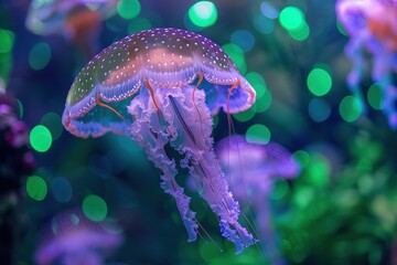 Beautiful glowing jellyfish in the dark ocean, neon colors, green and purple coral reef background.