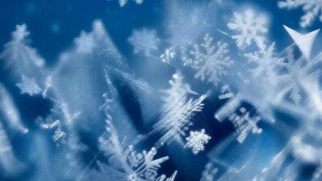 Exquisite close-up of frost-covered micro cubes under a microscope, showcasing unique ice patterns that resemble tiny, intricate snowflakes. Icy winter background with patterns and frost