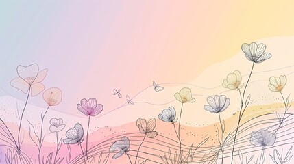 Malarstwo przedstawiające bukiety kwiatów na tle tęczowego nieba. Kwiaty są różnych kolorów i gatunków, a tło stanowi intensywna paleta barw - obrazy, fototapety, plakaty