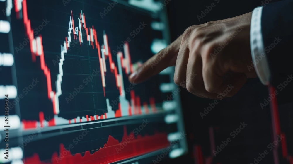 Poster market correction: businessman pointing at decreasing stock graph