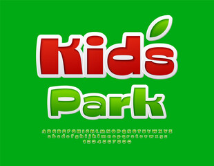 Vector bright flyer Kids Park. Green Sticker Font. Unique Stylish Alphabet Letters and Numbers set. 