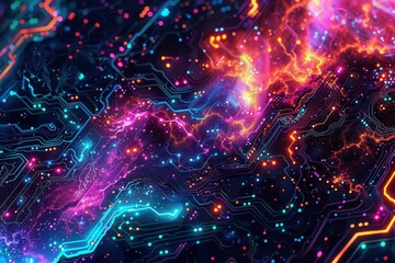 A galaxy transformed into a vibrant circuit board pattern, for a tech-themed wallpaper