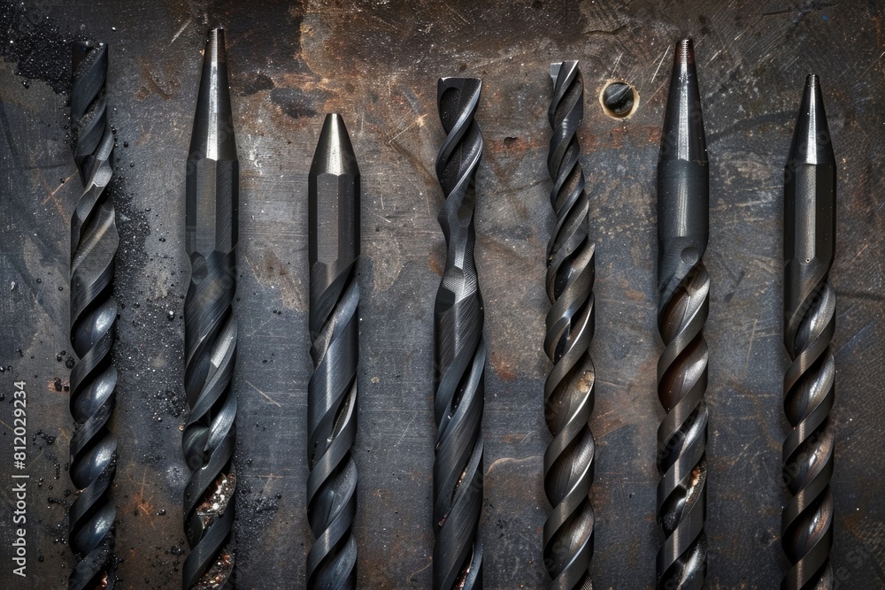Poster Various drill bits neatly arranged on a table, suitable for construction projects