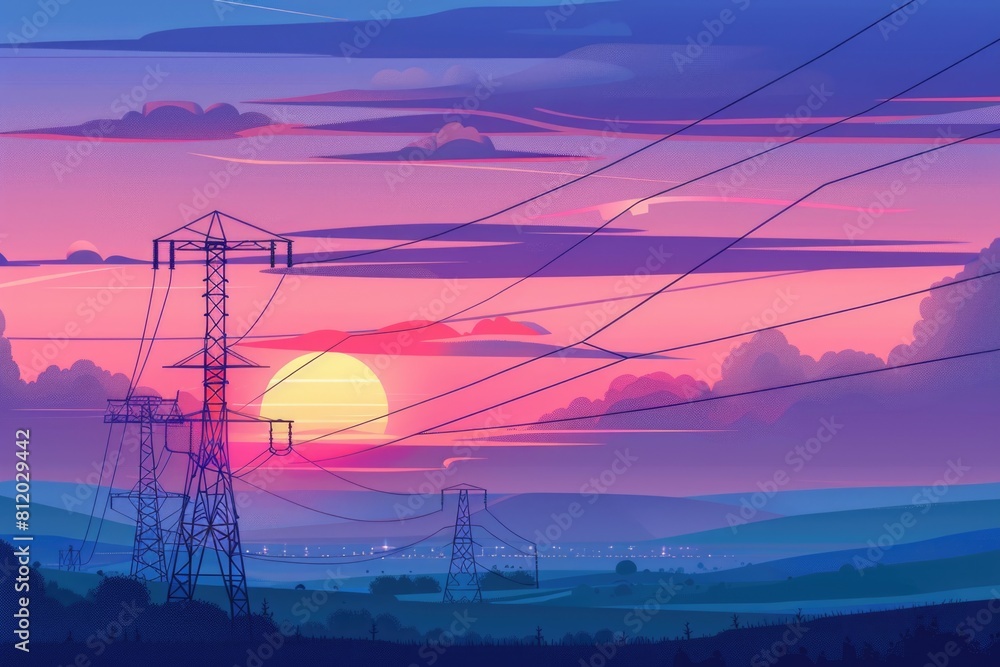 Poster a picturesque sunset with power lines in the foreground. suitable for various projects