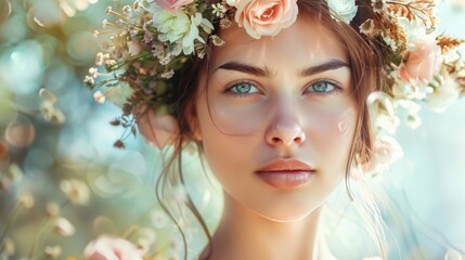 A stunning young woman adorned with a flower wreath against a soft background embodying the essence of the summer solstice