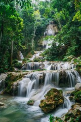 Obraz premium A multi-tiered waterfall cascading through a lush rainforest, panoramic view capturing its full grandeur
