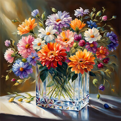 Vibrant color oil painting of Floral arrangement on a square crystal vase, beautifully illuminated, high-quality, floral centerpiece