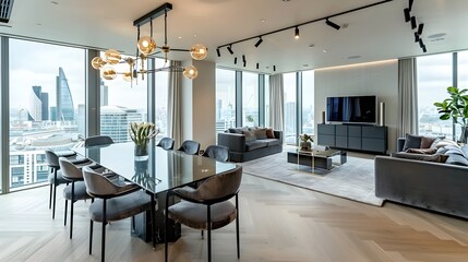 Elegant and Sophisticated Open-Plan Living and Dining Area with City Skyline Views