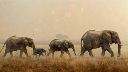 A gentle elephant family moving through a dusty savannah. 