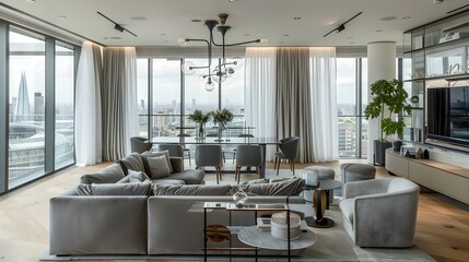 Elegant Open-Plan Living Room and Dining Area with City Skyline Views