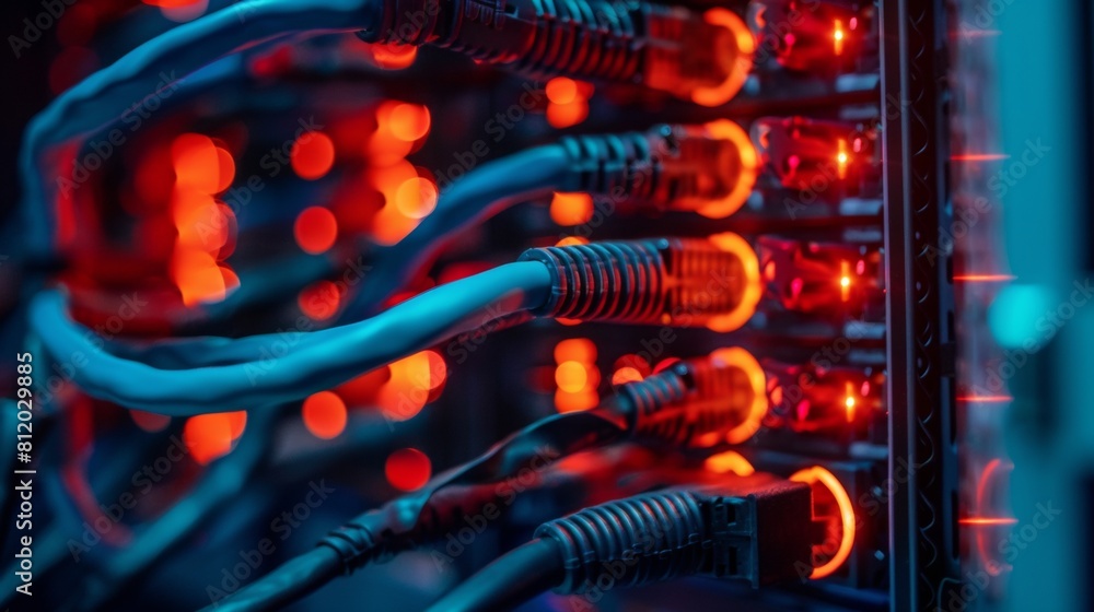 Poster a network cable snaking through a server rack, close-up macro shot with shallow depth of field